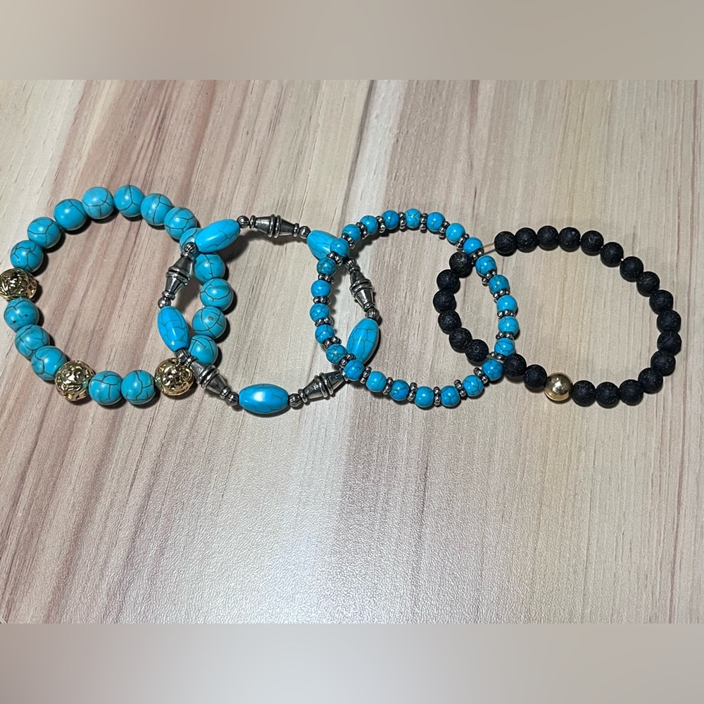 Natural Stone Howlite Turquoise Colored and Black Lava Beaded Stretch Bracelets